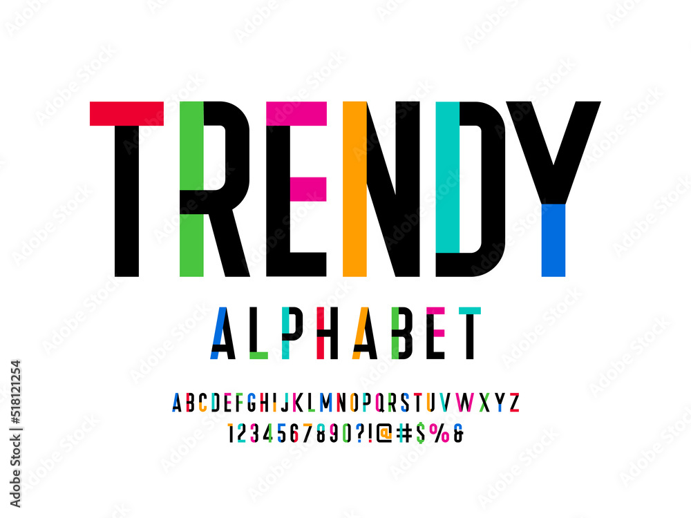 Colorful trendy style alphabet design with uppercase, numbers and symbols
