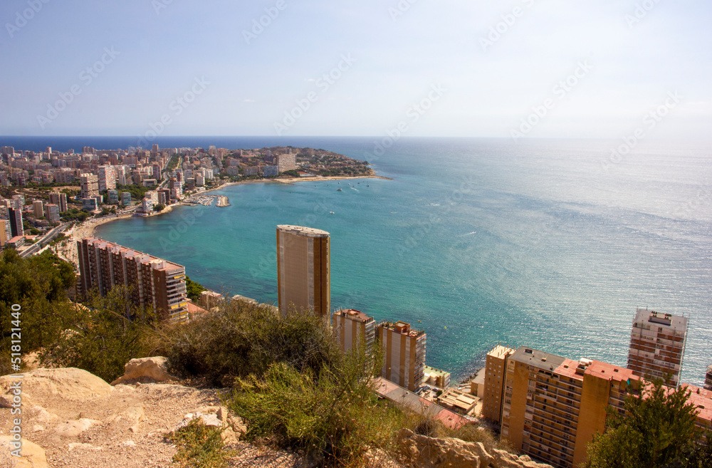 Landscape photography with port and Spanish beach. Costa del Sol, Costa Braba, San Juan de Alicante. Typical town on the Mediterranean coas