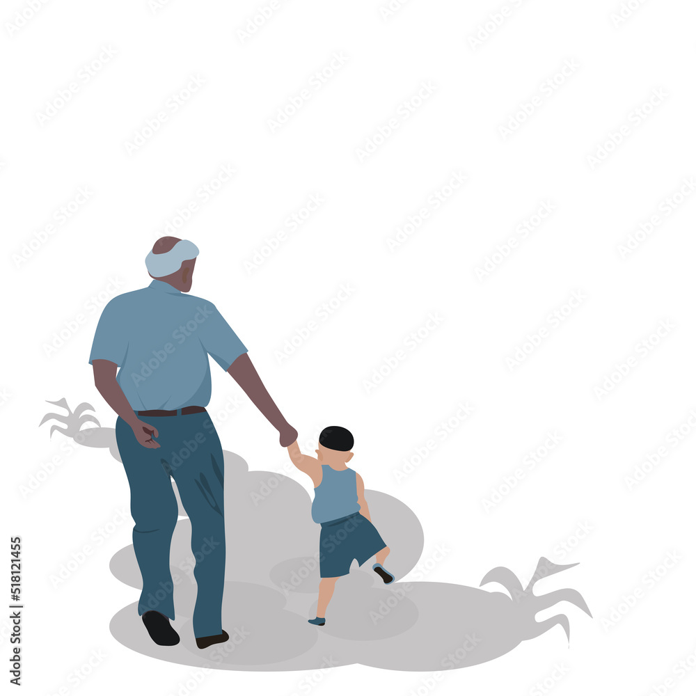 Back side of Old man and child are walking together on white background.Grandpa and grandson are standing.Flat style modern vector illustration isolated concept  for happy family with 2 generations.