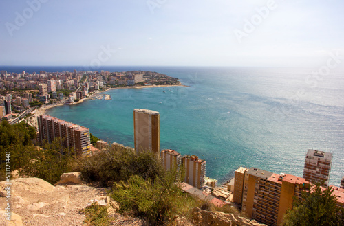 Landscape photography with port and Spanish beach. Costa del Sol, Costa Braba, San Juan de Alicante. Typical town on the Mediterranean coas
