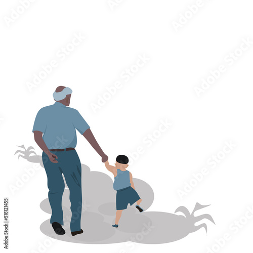 Back side of Old man and child are walking together on white background.Grandpa and grandson are standing.Flat style modern vector illustration isolated concept  for happy family with 2 generations.