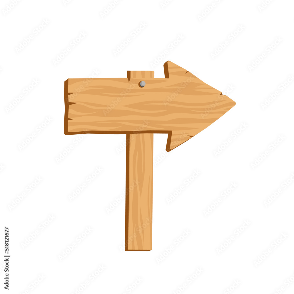Wooden arrow sign on the pillar. Cartoon style vector guidepost illustration. Rough road sign made of wood. Wooden bricks.