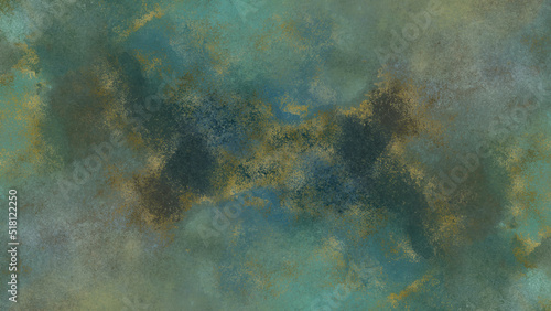 Watercolor alcohol ink splash. Beautiful painting green and gold glitter. Abstract canvas marble texture. Blue and aqua art. Hand painted design for invitation, greeting card or wedding decor.