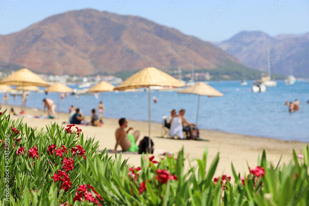 View through oleander flowers to sandy beach with wicker parasols and sunbathing people. Blue sea and mountains, summer resort