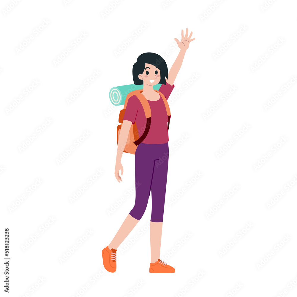 Young happy woman tourist flat cartoon character. Traveling people on summer vacation trip, Isolated on white background. Young happy woman tourist flat cartoon character. Traveling people on summer vacation trip, Isolated on white background.