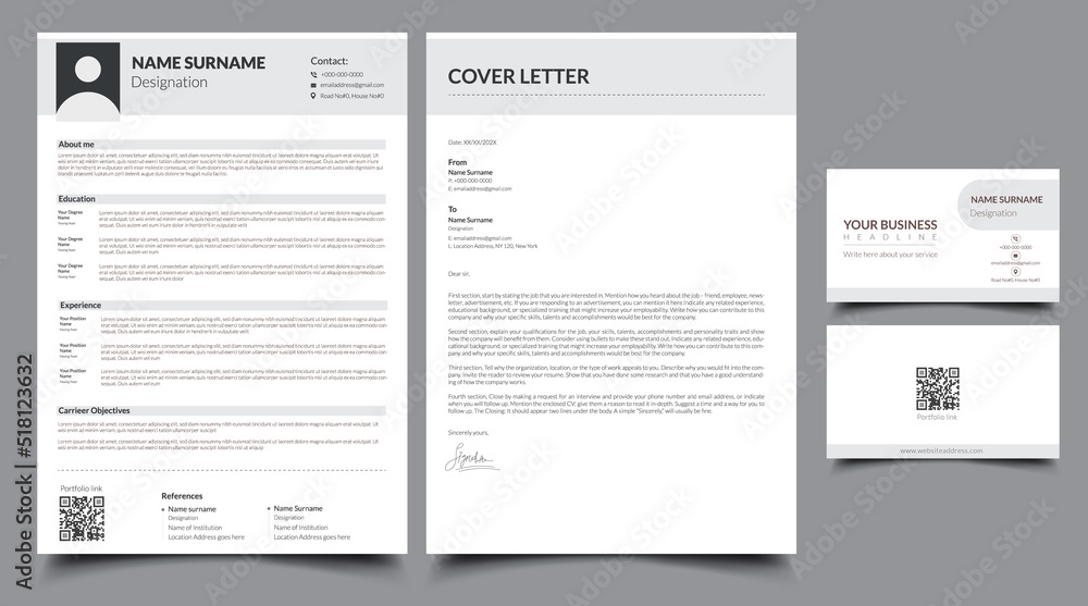 Stationery set of cv, resume, and business card double side, corporate resume template set