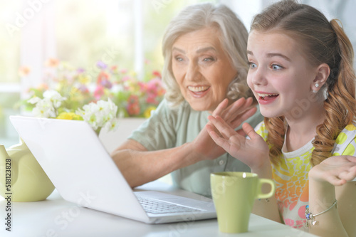 grandmother and granddaughter with a laptop at the table