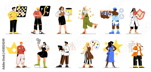 MBTI people types set. Men and women with different types of thinking and behaviors. Analytical or creative mind. Psychology and mentality. Cartoon flat vector collection isolated on white background