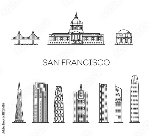 San Francisco detailed monuments silhouette. Vector illustration