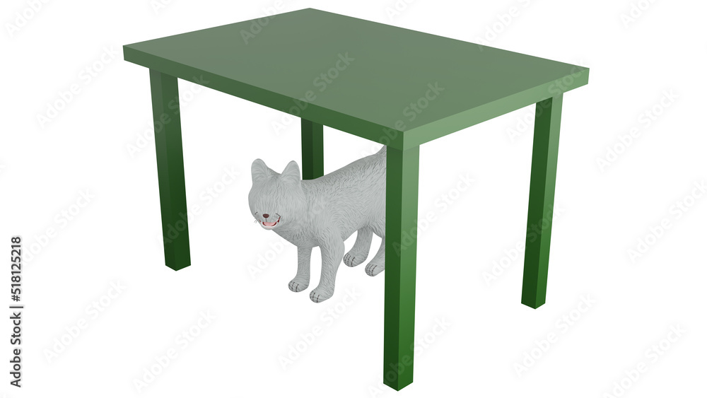 A Preposition of Place of A 3D Cartoon Cat under Table. A