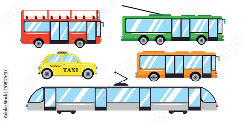 Set public transport in cartoon style. Vector illustration of bus, trolleybus, tram, taxi, subway on white background.