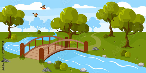 Vector illustration of a beautiful forest bridge. Cartoon forest landscape with stream, bridge, trees, stones, birds.