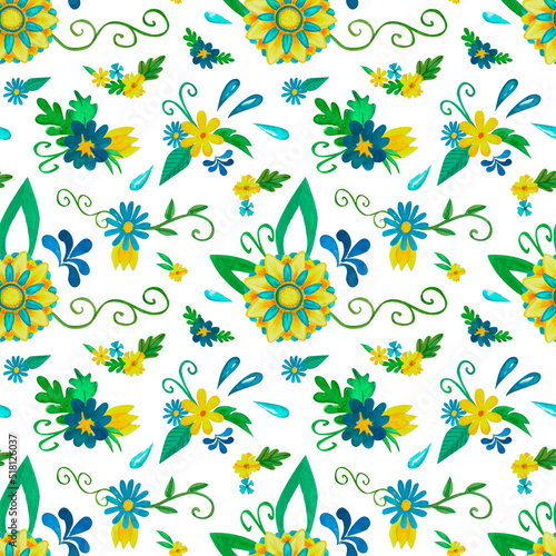 Watercolor seamless botanical pattern. Spring elegant flower illustration. Floral art with yellow and blue flowers  green leaves for textile and fabric at dark background.
