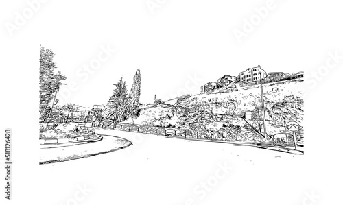 Building view with landmark of Nazareth is the city in Israel. Hand drawn sketch illustration in vector