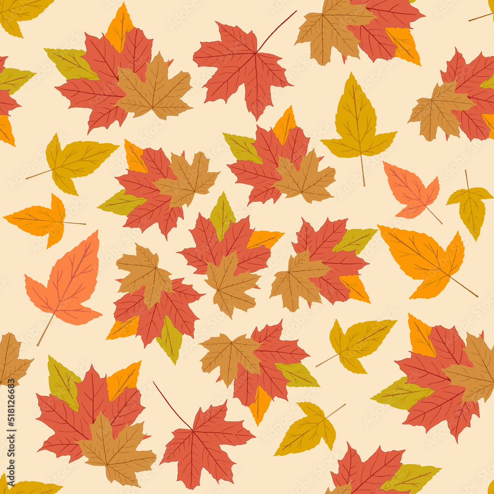 Obraz premium Seamless pattern wedge leaves. Autumn background. Flat style. Vector background.