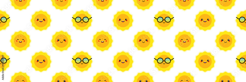 Wide horizontal vector seamless pattern background with cute happy yellow sun characters for summer, vacation, weather design.
