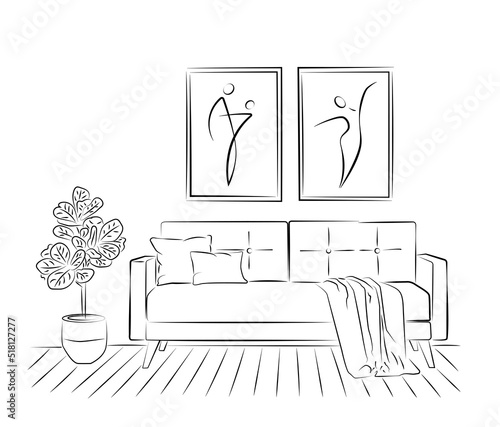 Illustration of a modern living room interior. Relaxing place to relax with a sofa and pillows, a coffee table, potted plants, with a picture on the wall.