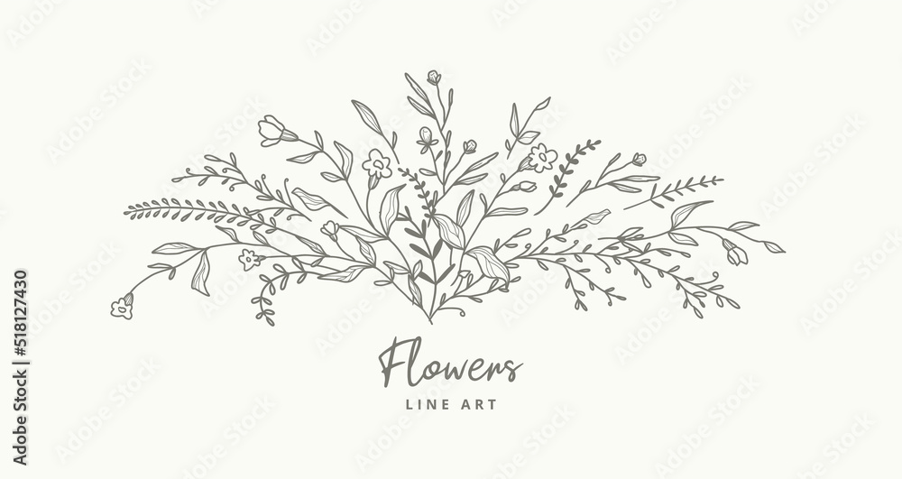Delicate flower bouquet in line art style. Hand drawn flowers, branches, leaves, plants, herbs. Decorative element for the logo. Vector illustration for labels, corporate identity, wedding invitations