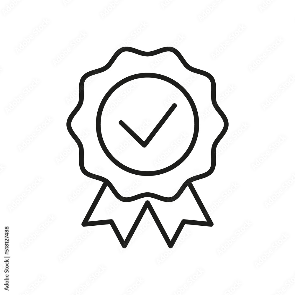 Quality icon, award to winner, medal for professional, line symbol. Assurance sign, premium level, product warranty. Rosette ribbon with tick. Vector outline illustration Quality icon, award to winner, medal for professional, line symbol. Assurance sign, premium level, product warranty. Rosette ribbon with tick. Vector outline illustration