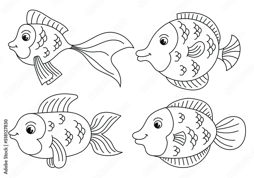 Outlined cartoon sea animals set for drawing. Coloring page of funny fishes  Stock Vector | Adobe Stock