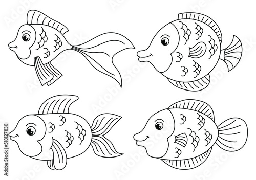 Outlined cartoon sea animals set for drawing. Coloring page of funny fishes