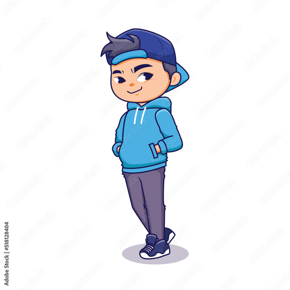 Cartoon cool boy with blue jacket and hat stand pose in casual style  character flat illustration Stock Vector | Adobe Stock