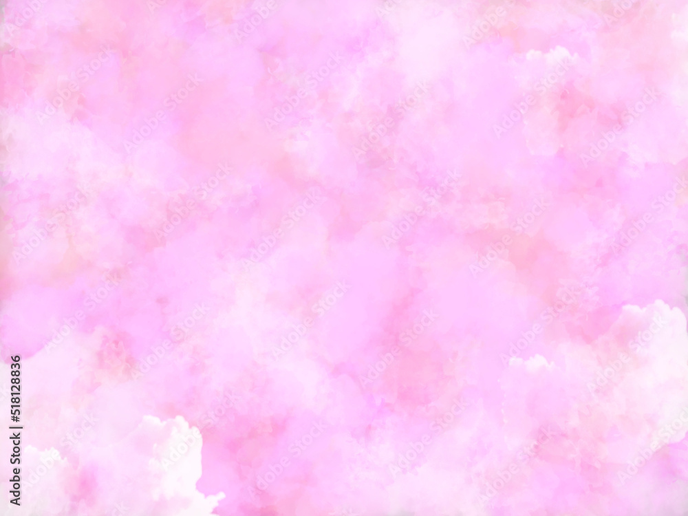 水彩風のピンクとリアルな雲