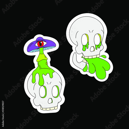 A set of two psychedelic skulls with mushroom and acid. Surrealism