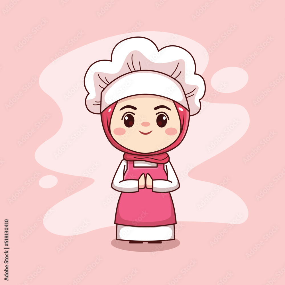 Happy cute and kawaii hijab female chef or baker cartoon manga chibi vector character design Happy cute and kawaii hijab female chef or baker cartoon manga chibi vector character design