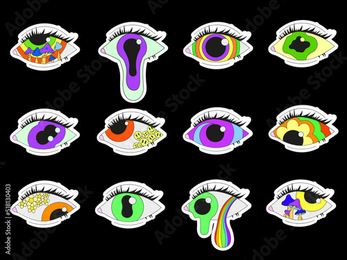 A set of 12 stickers of different psychedelic eyes. Psychedelics, surrealism