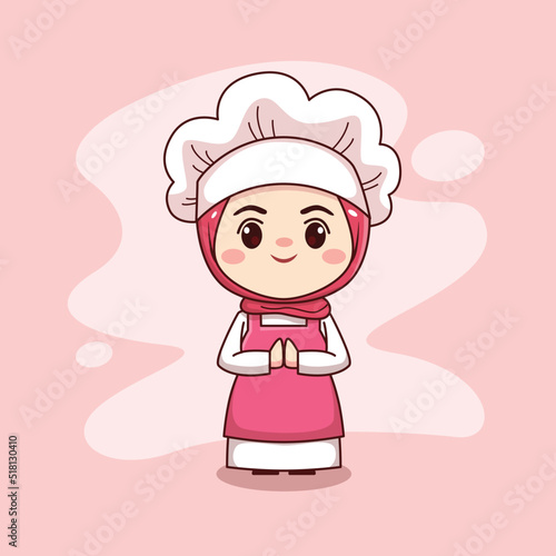 Happy cute and kawaii hijab female chef or baker cartoon manga chibi vector character design