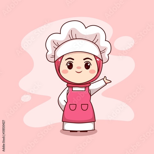 Happy cute and kawaii hijab female chef or baker cartoon manga chibi vector character design