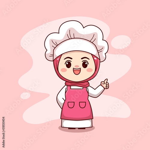 Cute and kawaii muslim female chef wearing pink hijab and white dress with pointing finger cartoon chibi flat vector character design