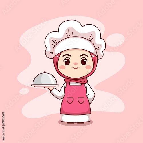 Happy cute and kawaii hijab female chef or baker cartoon manga chibi vector character design