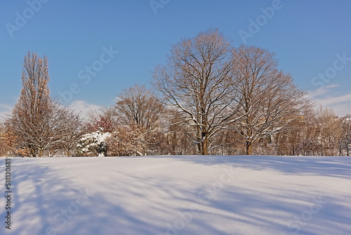 Jean Drapeau park in Montreal, covered in snow on a sunny winter day
