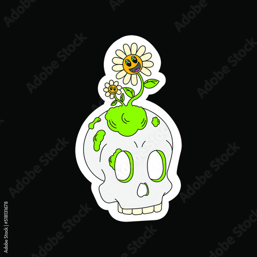 A psychedelic skull with a living flower on top. Surrealism