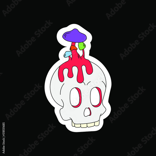 A psychedelic skull with psychedelic mushrooms on its head. Surrealism