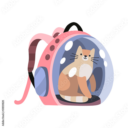 Cute cat in a pet carriage. Travel with animal. Flat hand drawn cartoon vector illustration for stickers, web, cards, ads, social media. Expressive pet characters. Cat day. 