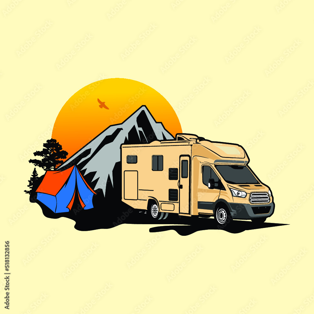 Obraz premium illustration of car camping car camping rv vector car vectpr camping logo