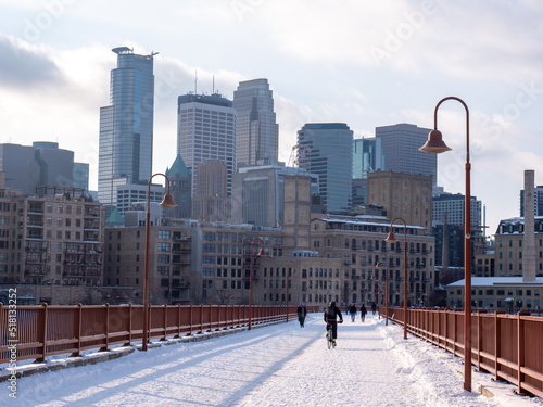 Minneapolis skyline people walking in the city