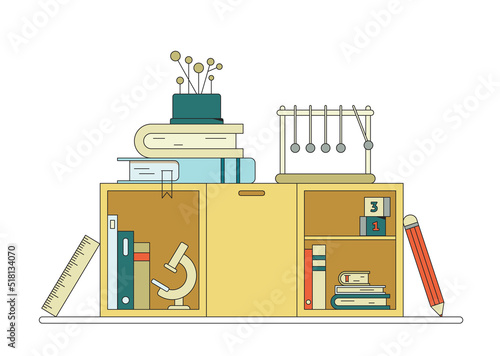 Vector flat illustration on the theme of back to school, learning, science. Collection of books, folder, objects for studying physics, biology and other subjects. Study equipment on cabinet shelves