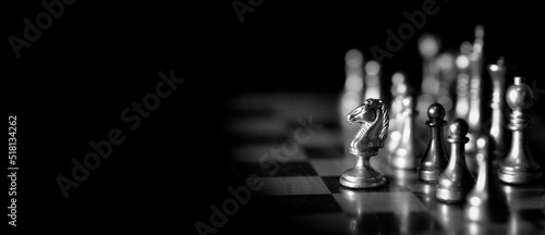 Foto Pieces on chess board for playing game and strategy panorama