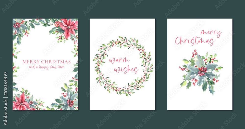 Merry Christmas Watercolor Greenery frame, wreath, bouquet illustration card set. Spruce,poinsettia, holly berry Happy new year,warm wishes lettering,text greeting card, invite,print,poster,design diy