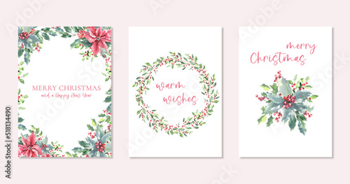 Merry Christmas Watercolor Greenery frame  wreath  bouquet illustration card set. Spruce poinsettia  holly berry Happy new year warm wishes lettering text greeting card  invite print poster design diy