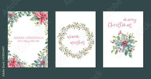 Fototapeta Naklejka Na Ścianę i Meble -  Merry Christmas Watercolor Greenery frame, wreath, bouquet illustration card set. Spruce,poinsettia, holly berry Happy new year,warm wishes lettering,text greeting card, invite,print,poster,design diy
