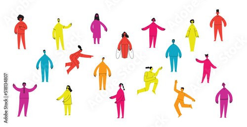 Group of people men, women are standing together. Concept of diversity, equality, tolerance, multicultural society. Vector set of multicultural people.