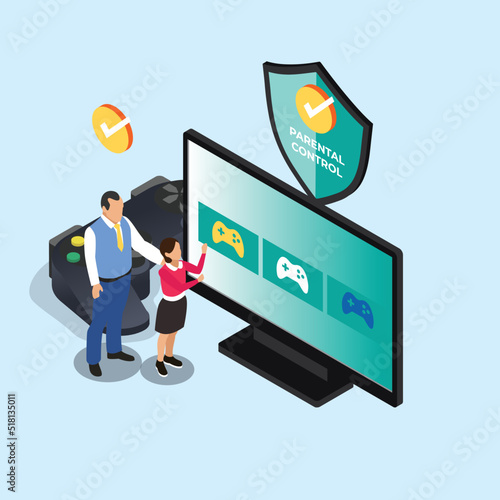 Parental control for kids gaming isometric 3d vector illustration concept for banner, website, illustration, landing page, flyer, etc.