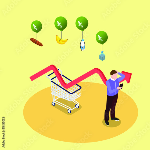 Inflation - Increase in food prices isometric 3d vector illustration concept for banner, website, illustration, landing page, flyer, etc.