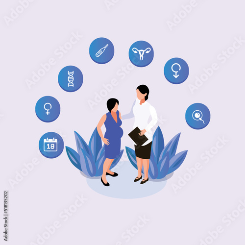 Pregnant woman visiting doctor at maternity hospital isometric 3d vector illustration concept for banner, website, illustration, landing page, flyer, etc.
