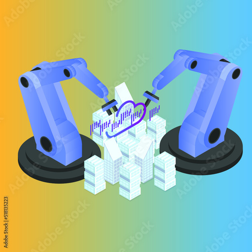 Robot with artificial intelligence create design buildings isometric 3d vector illustration concept for banner, website, illustration, landing page, flyer, etc.